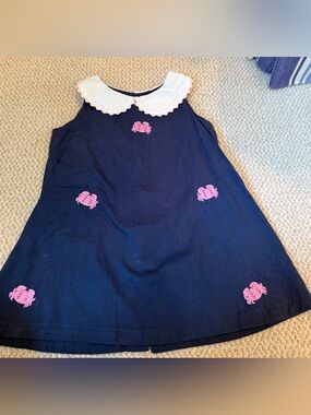 Girls Navy Dress with White Peter Pan Collar and Pink Crab Appliqués